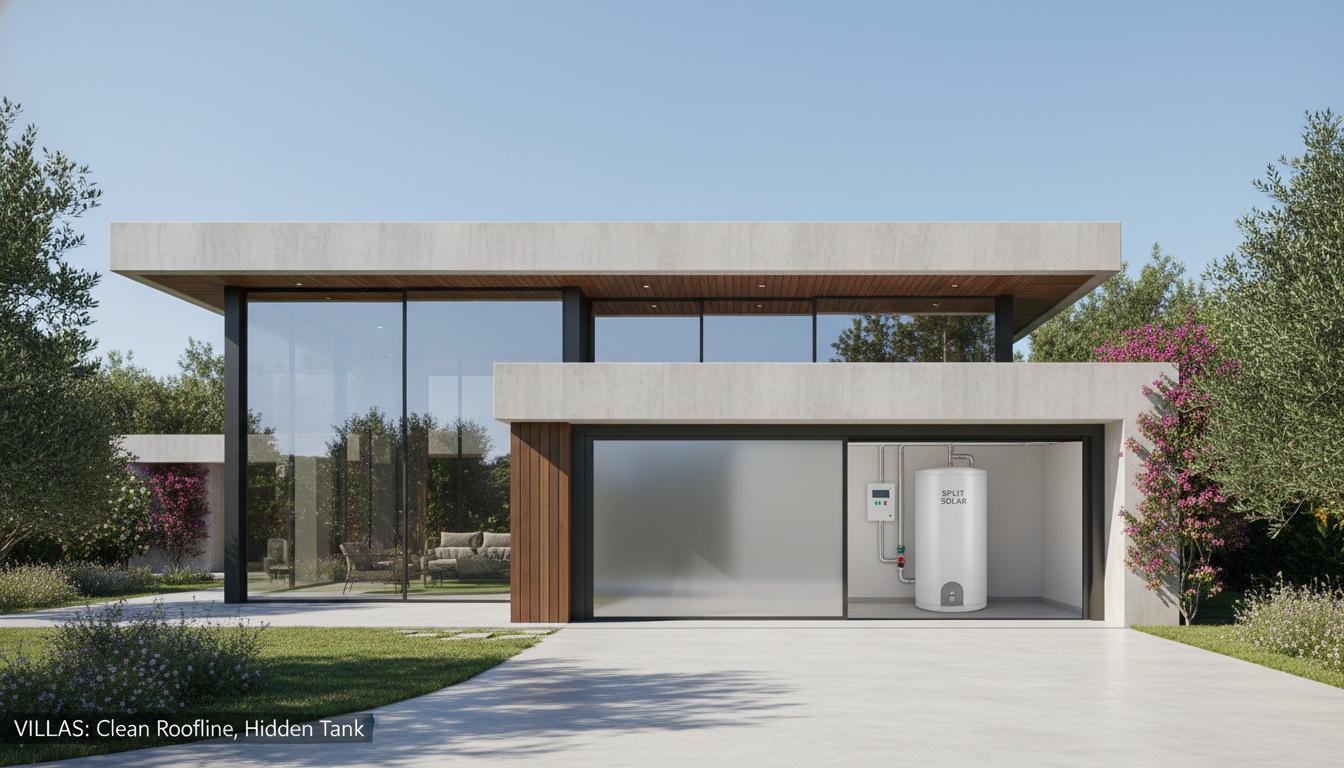Villa using a split solar water heater with a clean roofline and hidden indoor hot water tank